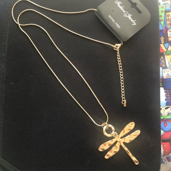 Jewelry - New Gold tone Dragonfly pendant and  necklace nickel free